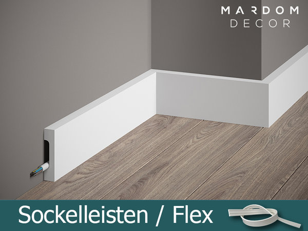 Für schwer zugängliche Stellen oder Rundungen bietet Mardom Decor die Sockelleisten auch in Fußleisten auch in flexibler und biegsamer Ausführung an.