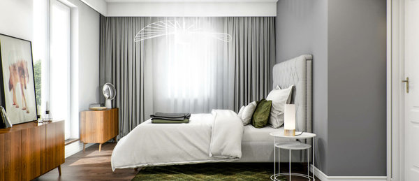 graues Schlafzimmer mit weisser Gardinenblende