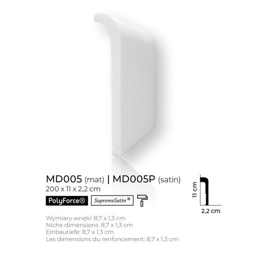 MD005 weiße Abdeckleiste für Fliesenleiste Fliesensockel  200 x 11,0 x 2,2 cm