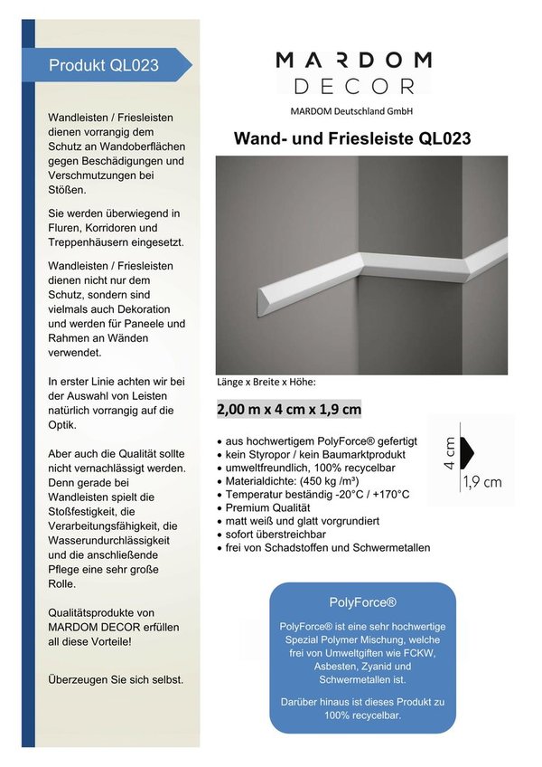 QL023 | Wand -und Friesleiste | 200 x 4,0 x 1,9 cm | vor grundiert