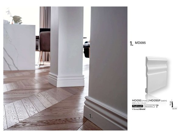 MD095 hohe weiße stoßfeste Bodenleiste   200 x 12,0 x 1,5 cm