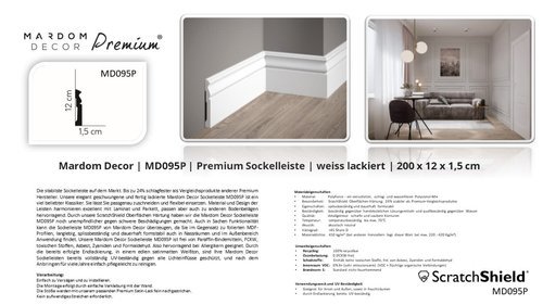 MD095P Luxus Sockelleiste Fußbodenleiste hoch 200 x 12,0 x 1,5 cm